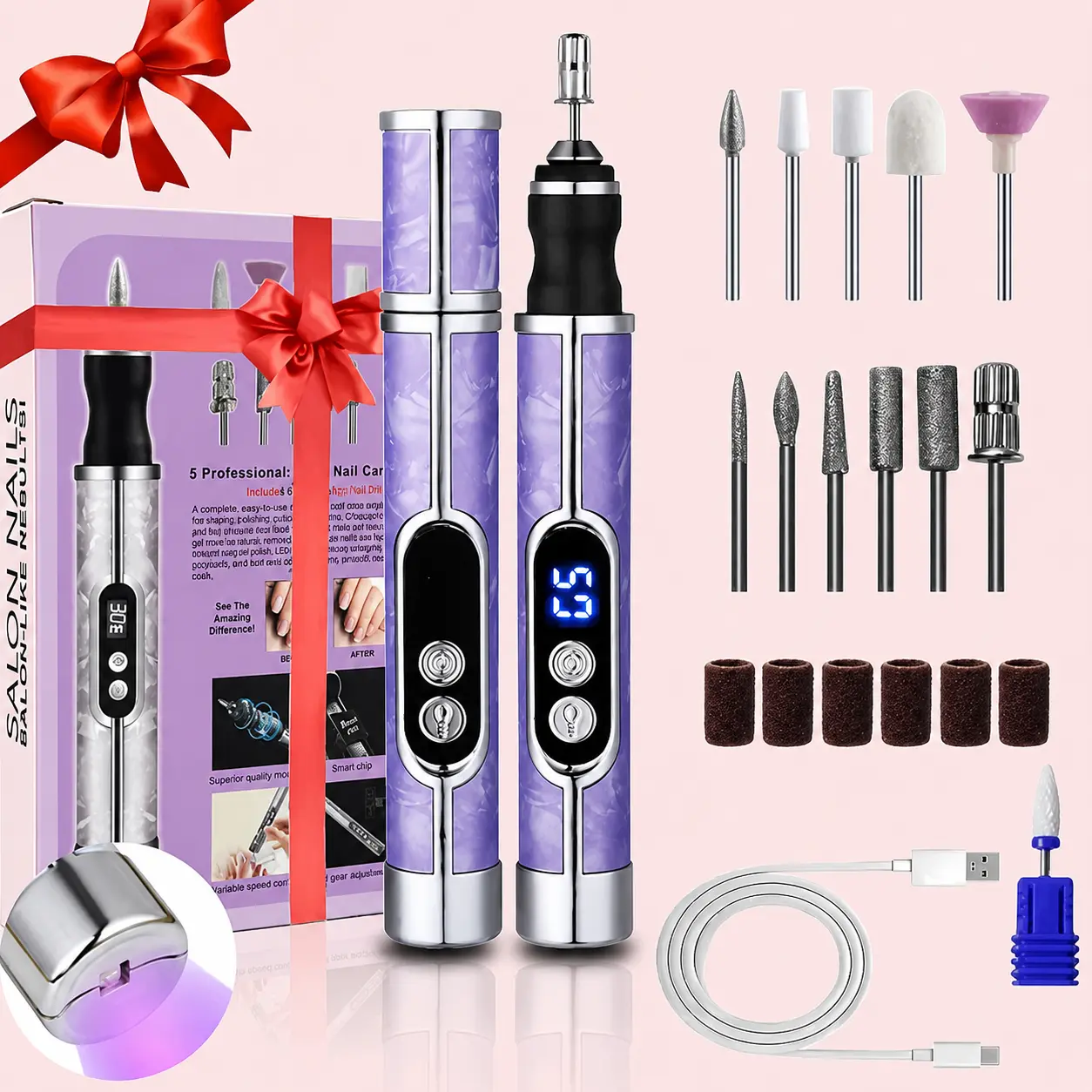 3-in-1 Electric Nail Drill Kit with UV LED Nail Lamp, Rechargeable Nail File Machine, 12 Drill Bits, Portable Manicure Pedicure Tool for Gel and Acrylic Nails