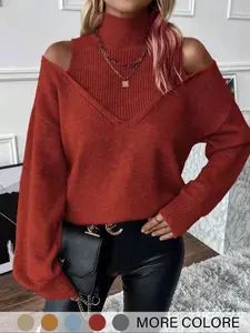 Women's Fall Winter High Neck Vintage Shoulder Cutout Knit Sweater, Casual Long Sleeve Pullover, Retro Style, Comfortable and Stylish, Knitwear
