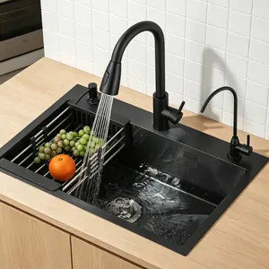 Black Gray Kitchen Sink Stainless Steel Single Bowl Sink, Drop In/Topmount Workstation Sink with Pull Down Kitchen Faucet and Sliding Accessories, Farmhouse Workstation sink with Multiple Accessories 21.6x 17.7inch