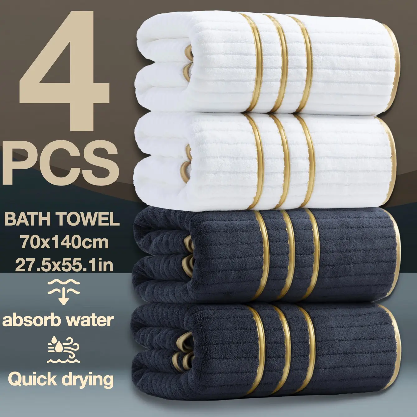 4-Pack Luxury Minimalist Embroidered Bath Towels, High-Density Ultra-Fiber, Quick Dry, Hotel Quality, Ideal for Home/school/gym/spa