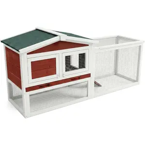 White Large Outdoor Rabbit Hutch, Weatherproof 2-Story Bunny Cage with Removable Wire Netting, Wooden Indoor Outdoor Pet House with No-Leak Tray, Waterproof Roof & Pull-Out Tray