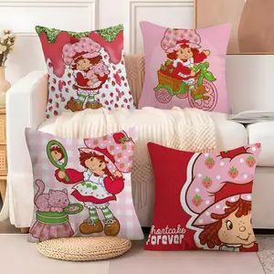 S-Stawberry Shortcake Cushion Cover Soft Short Plush Fabric Double-Sided Print | Breathable Pillow Cover for Sofa Couch Bed | Skin-Friendly, Washable, Invisible Zipper, Anti-Dust Mite, Durable Material | Warm Winter Home Decor Gift