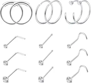 15PCS 22G 20G 18G Surgical Steel Nose Rings Hoop Studs Cartilage Earrings Body Piercing Jewelry 1.5Mm 2Mm 2.5Mm CZ