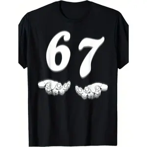 Funny 67 Meme T-Shirt for & - 67 Number Joke Design with 6 & 7 Hands Print, 100% Cotton Soft Crew Neck Tee,  Casual Gift Idea for Birthdays, Parties & Casual Attire (Black) Menswear Tops Breathable Tshirt