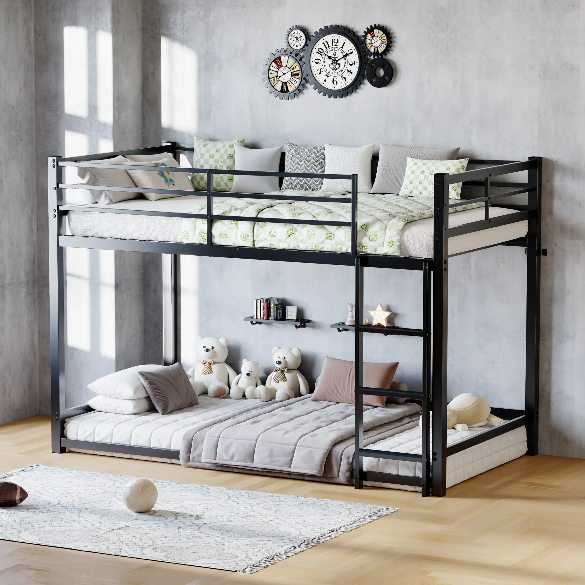 Twin Over Twin Metal Bunk Bed with Ladder and Guardrail, Noise-Free, Underbed Storage, Black Finish, No Box Spring Needed