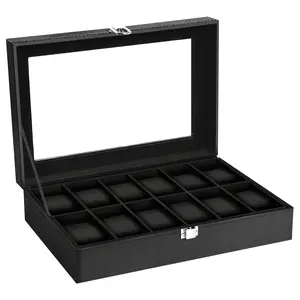 Uten Watch Boxes 12 Slots, Watch Box for Men, Watch Display Case, Watch Storage Box with Removable Cushion, Metal Clasp, PU Leather, Black