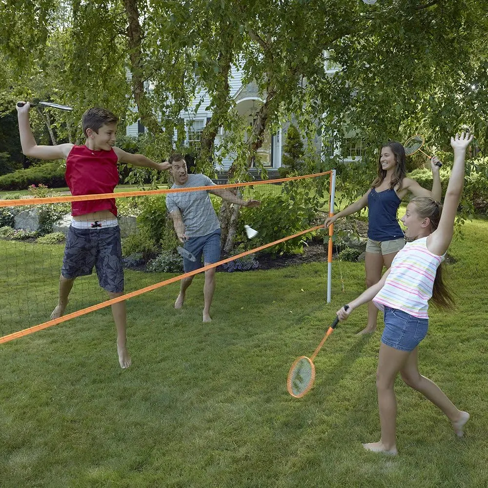 Badminton Net + Rackets Set - Portable Backyard Badminton Set with (4) Rackets + (2) Birdies - Adult + Kids Set
