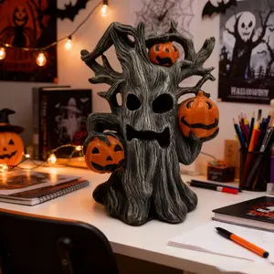 Halloween Pumpkin Tree Monster Statue – Spooky Vintage Resin Ornament for Home & Office Decor