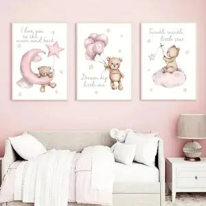 Modern Art Canvas Prints Set, Teddy Bear Stars Moon Balloons Clouds Design, Waterproof Wall Decor for Living Room Bedroom Office Kitchen