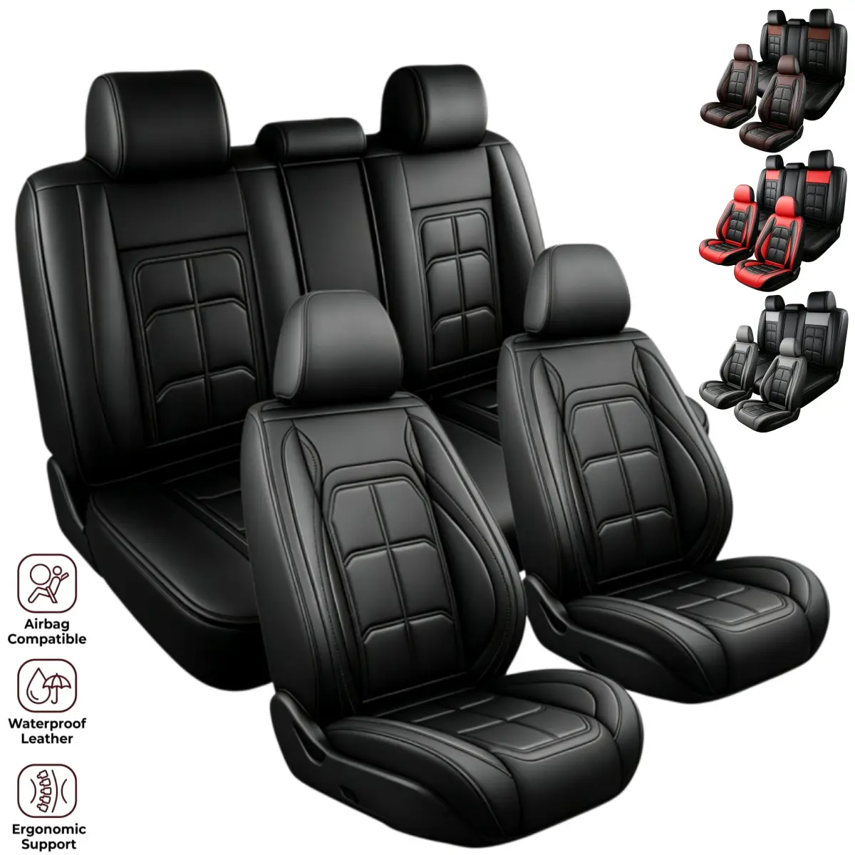 Universal Car 5 Seat Covers Full Set, Leather Front Rear Seat Cushion Breathable in Summer Non-Slip Waterproof Cushion Protector Pad Mat, for 5 Seater Car SUV Sedan