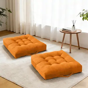 2 Pack Tufted Velvet Floor Pillows Orange Portable Seat Cushions with Handle, Floor Cushion Pillow Seats for Stadium Patio Dining Chairs 18x18 Inch