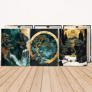 3 Counts Wooden Framed Canvas Painting, Golden Tree And Waterfall Landscape Art, Exquisite Poster, Perfect Living Room Decoration, Modern Art, Fashion Family Poster, Wall Art Decoration, Waterproof Art