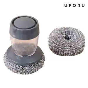 UFORU 2-Pack liquid adding handheld cookware scrub brush, detachable universal replacement brush head, space-saving kitchen counter cleaner, multifunctional stove and tableware cleaning pad, gray home kitchen brush,dealsforyou#SummerWins