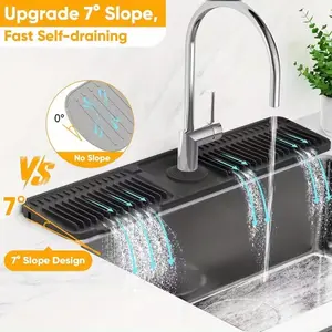 New Kitchen Sink Silicone Faucet Mat, Anti-Slip Quick Dry Splash Guard, Drain Tray with Installation Clips, Modern Simple Design