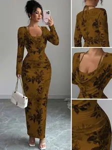 💃 Elegant Blue White Floral Bodycon Dress With Ruffle Detail, Perfect Night Out Outfit.