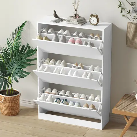 Thin Chipboard Freestanding Shoe Rack Organizer - Adjustable Natural Finish Cabinet with 3 Flip Drawers, Hidden Storage, Narrow Design, Room Decor, Home Goods, Small-Space Hero, Plant & Key Shelf, Wall-Fix Stability for Adults