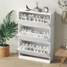 Thin Chipboard Freestanding Shoe Rack Organizer - Adjustable Natural Finish Cabinet with 3 Flip Drawers, Hidden Storage, Narrow Design, Room Decor, Home Goods, Small-Space Hero, Plant & Key Shelf, Wall-Fix Stability for Adults