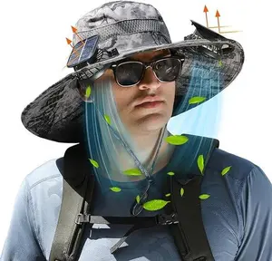 Outdoor Wide Brim Sun Hat with 2 Solar Fan Sun Bucket Hat for Men Women UPF 50+ Bucket Fishing & Beach Hat with Fan Built in
