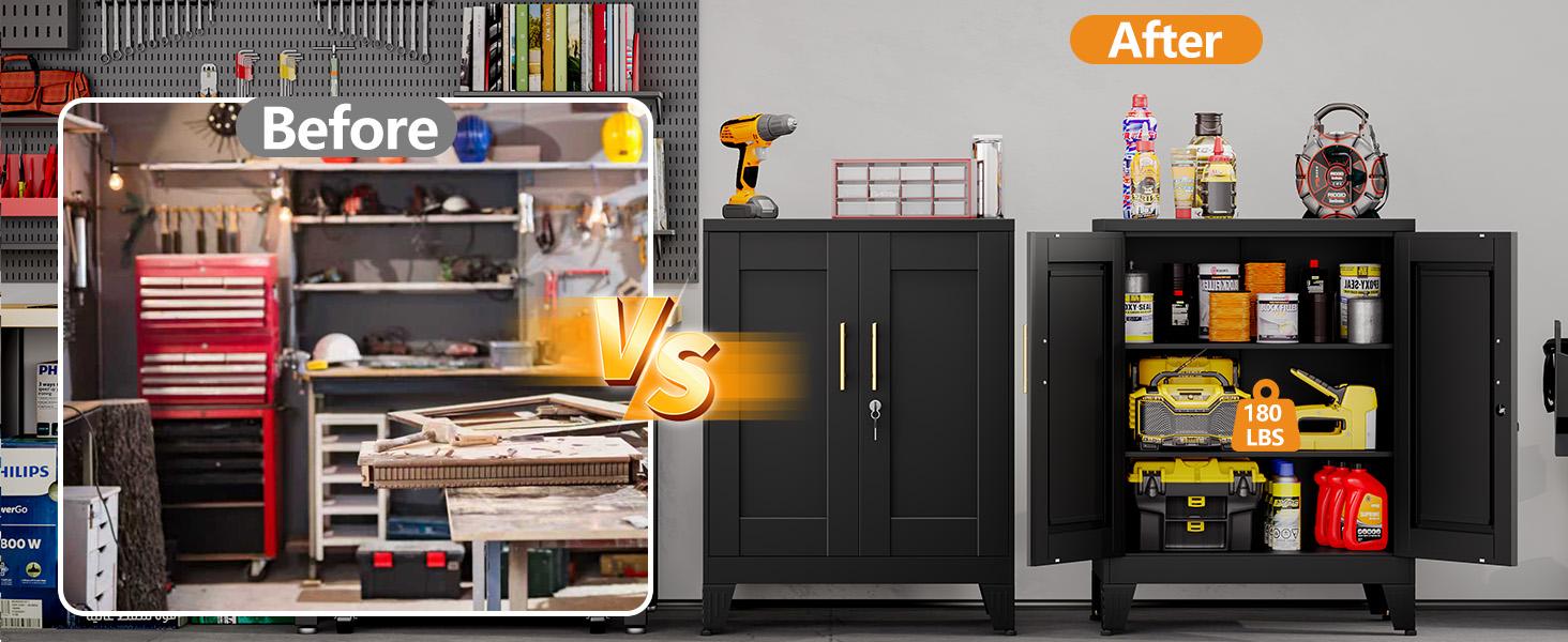 36" Tall Metal Storage Cabinet with Lock – 2 Doors & 2 Adjustable Shelves – Black Freestanding Unit for Home, Office or Garage Dresser Charging Lighted LED