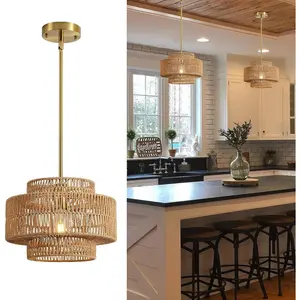 12.4" Boho Rattan Chandelier 1-Light Hand Woven Pendant Light Rustic Farmhouse Hanging Lamp for Kitchen Island Bedroom Dining Room Living Room Entryway Foyer