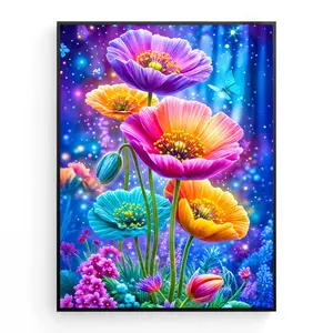 DIY Round Drill Diamond Painting, Magical Poppy Flower & Starry Sky Design, 30x40cm Full Drill Rhinestone Embroidery Kit for Adults Beginners