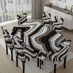 5/7-piece 2D Flat Printing Black White Gold Wavy Pattern Splicing Printing Pattern Tablecloth and Dining Chair Slipcover Set, for dining table and chair decoration, perfect for home, holiday gatherings, restaurants, and parties.