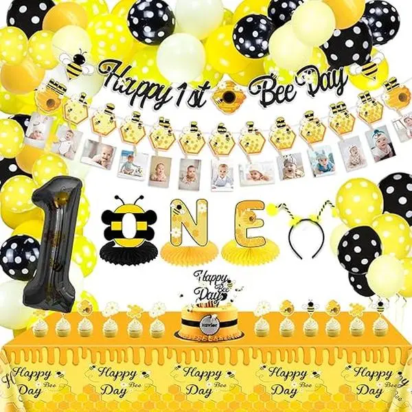 Bee 1st Birthday Party Decorations - Banner, Photo Banner, Bee Balloons, Tablecloth, Cake Toppers, ONE Table Centerpieces, Headband for Baby First Bee Party Supplies