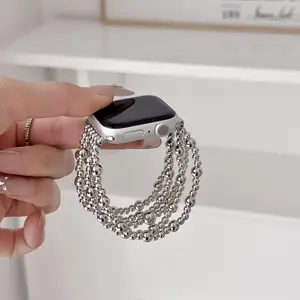 1PC Fashion Metal Bead Chain Smart Strap, Elastic Rope Stylish and Personalized, Compatible with Apple Watch 38/40/41/42/44/45/46/49mm, Suitable for Apple Watch Series Ultra/SE/11/10/9/8/7/6/5/4/3/2/1, Smart Watch Accessories