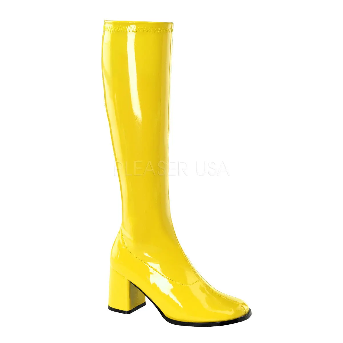 Women's Solid Go-Go Boots, Retro Knee High Style in Yellow Stretch Synthetic Patent with a 3 in Block High Heel for Party Costume Wear, Footwear, Shoe, Zip