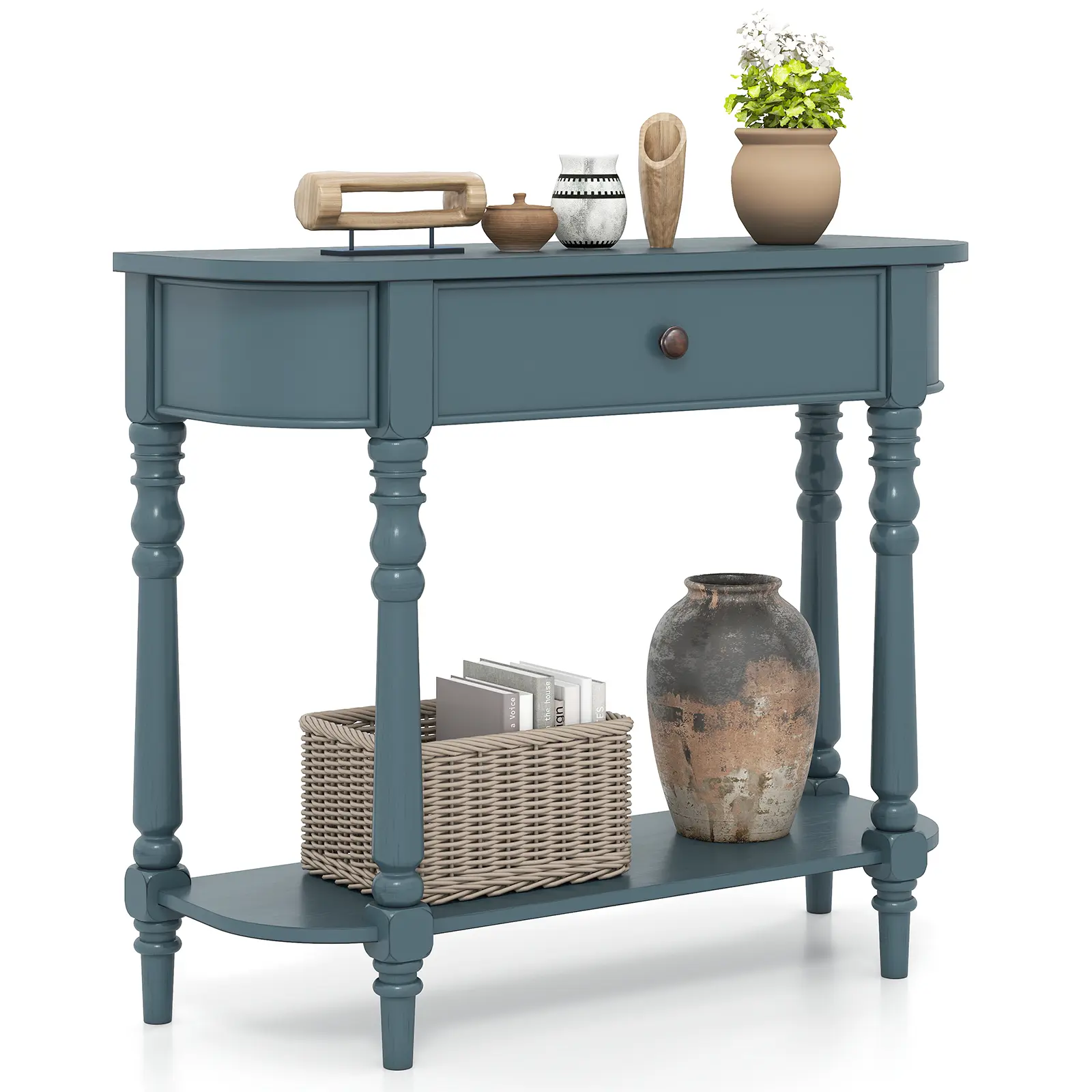 COSTWAY - Retro Console Table36"L Wooden 2-Tier Narrow Behind Couch Foyer Table-Blue COSTWAY - Retro Console Table36"L Wooden 2-Tier Narrow Behind Couch Foyer Table-Blue