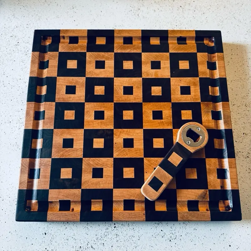Large End Grain Cutting Board with Matching Bottle Opener - Black and Brown Checkered Design for Kitchen Use - Knives