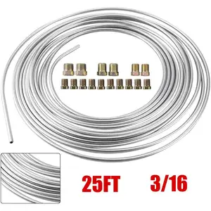 Flexible Galvanized Steel Brake Line Kit 25Ft 3/16", Copper Brazed Double Wall, 16 Tube Nuts Fittings, Easy to Bend Flare Install