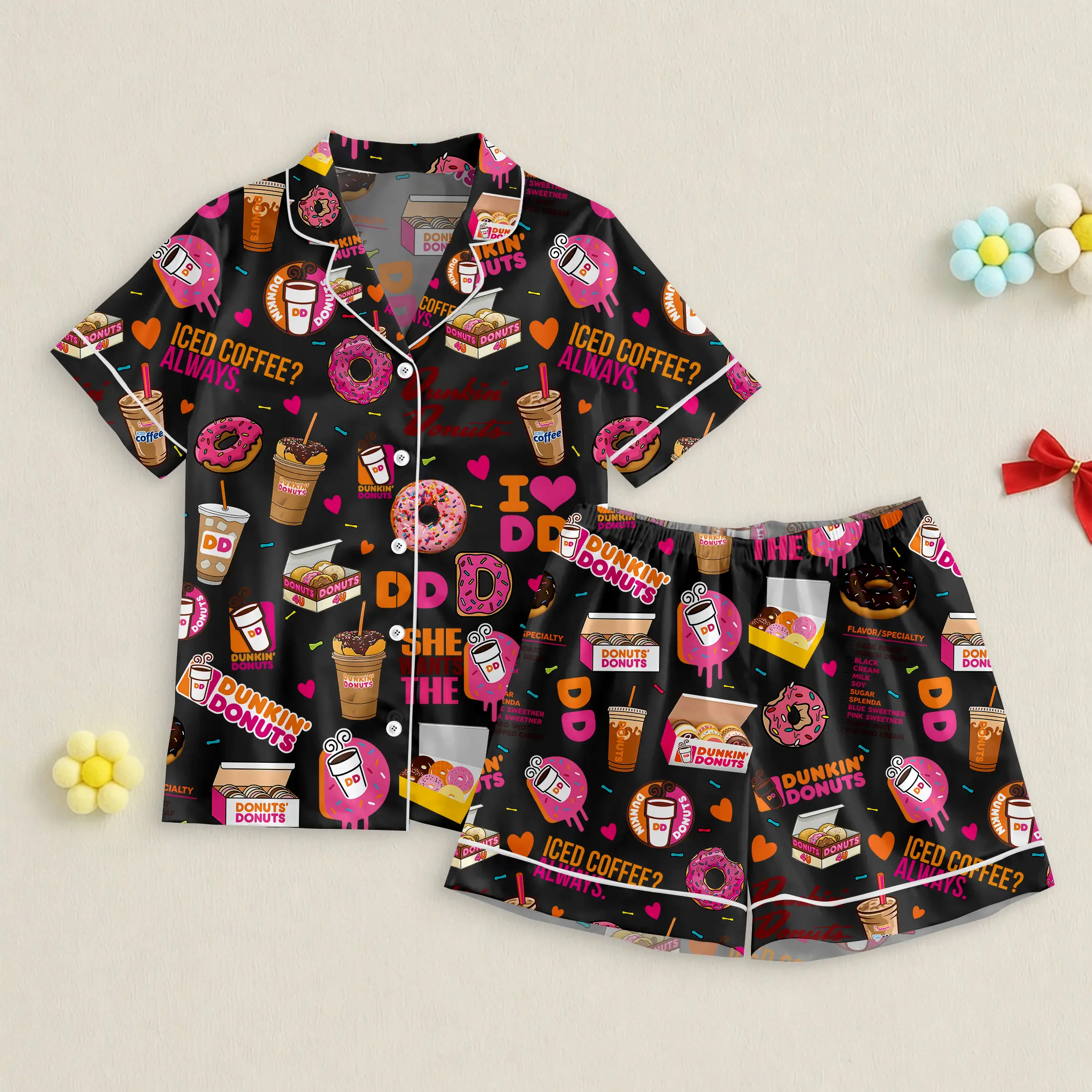Donut Pajamas Set, Sleep Wear, Donut Lover Satin Pajamas For Women, Gift For Her