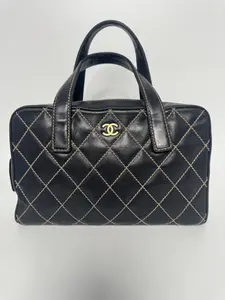 Pre-owned CHANEL Quilted Leather Top Handle Wild Stitch Bowler Bag Handle Shoulder Handbag Black Calfskin Leather P006CC