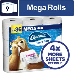 Charmin Ultra Soft Toilet Paper 9 Mega Rolls 224 Sheets Per Roll Smooth Tear 4x More Than Regular Rolls Clog-Free Septic Safe Unscented 2 Ply