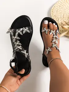 Women's Fashionable Rhinestone & Faux Pearl Decor Sandals, Elegant Butterfly Design Flat Sandals, Lightweight Comfortable Summer Shoes for Beach Vacation, Glitter Decorated Sandals