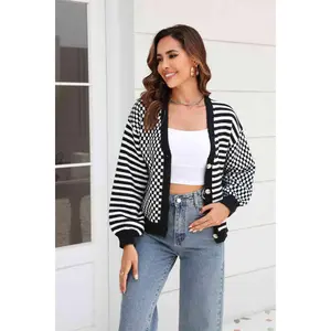 Button-Down Stripe & Plaid Contrast Pattern Cardigan