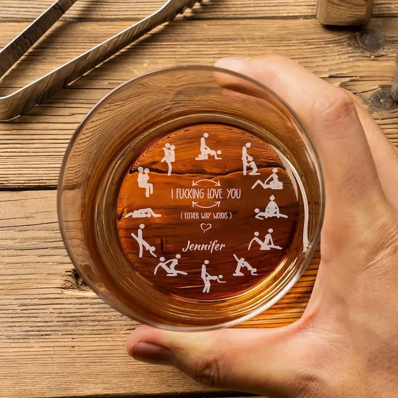 Funny I F-king Love You Whiskey Glass High quality laser engraved whiskey glasses, Personalize your name or handwriting Gifts for couples, Home Decor & Gifts, Funny gift for men and women, Drinkware. Stylish