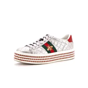 Pre-owned Gucci Women's Ace Web Platform Sneakers Quilted Leather with Crystals by Rebag