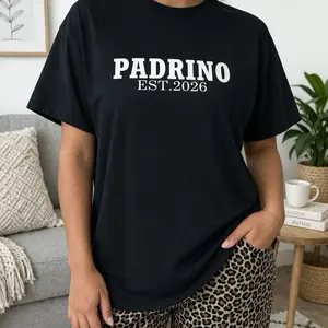 PADRINO, MADRINA EST.2026 T-shirts for godfather and godmother printed with textile vinyl personalized design