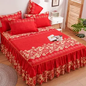 3pcs Charming Ditsy Floral Printed Macrame Bed Skirt Set, Non-Slip Non-Fading Machine Washable Mattress Protector Set