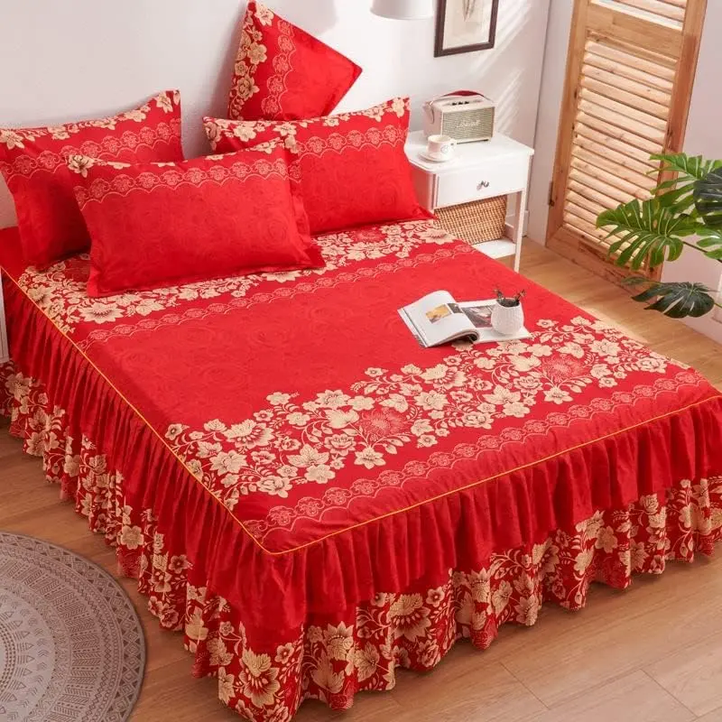 3pcs Ditsy Floral Macrame Decorative Bedsheet Set - Bed Skirt, Mattress Protector, Decorative Bedsheet, Non-Slip, Non-Fading, Machine Washable, Decorative Bedsheet Sets