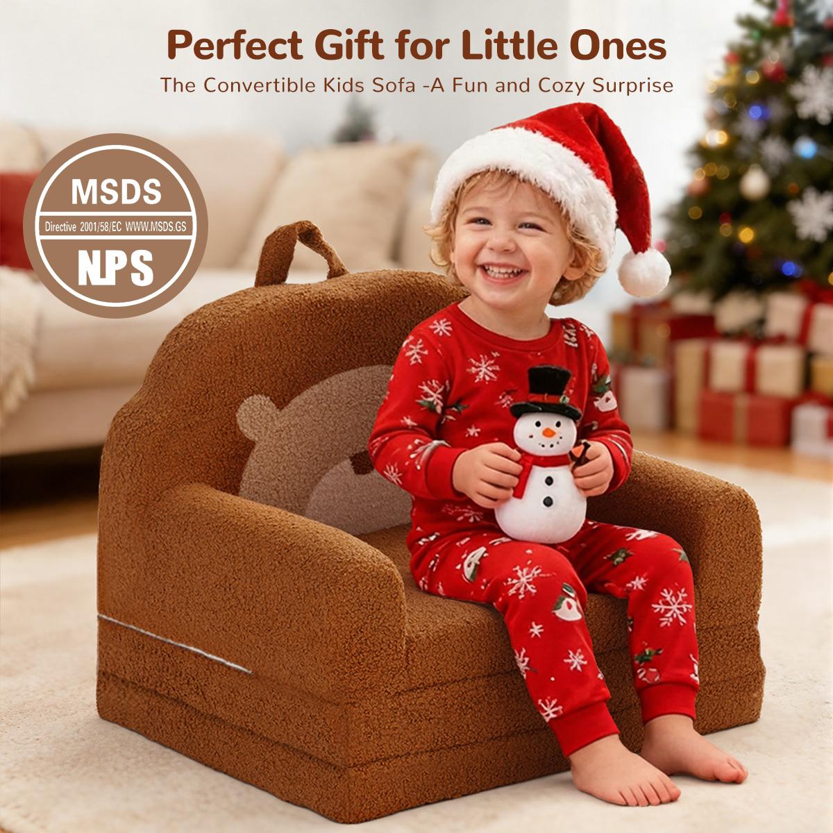 COMOMY Toddler Couch, 2 in 1 Kids Couch, Foldable Baby Soft Couch Chair for Boys and Girls Gift, Convertible Sofa to Lounger- Ideal for Napping, Reading, and Playing, Bear, Brown