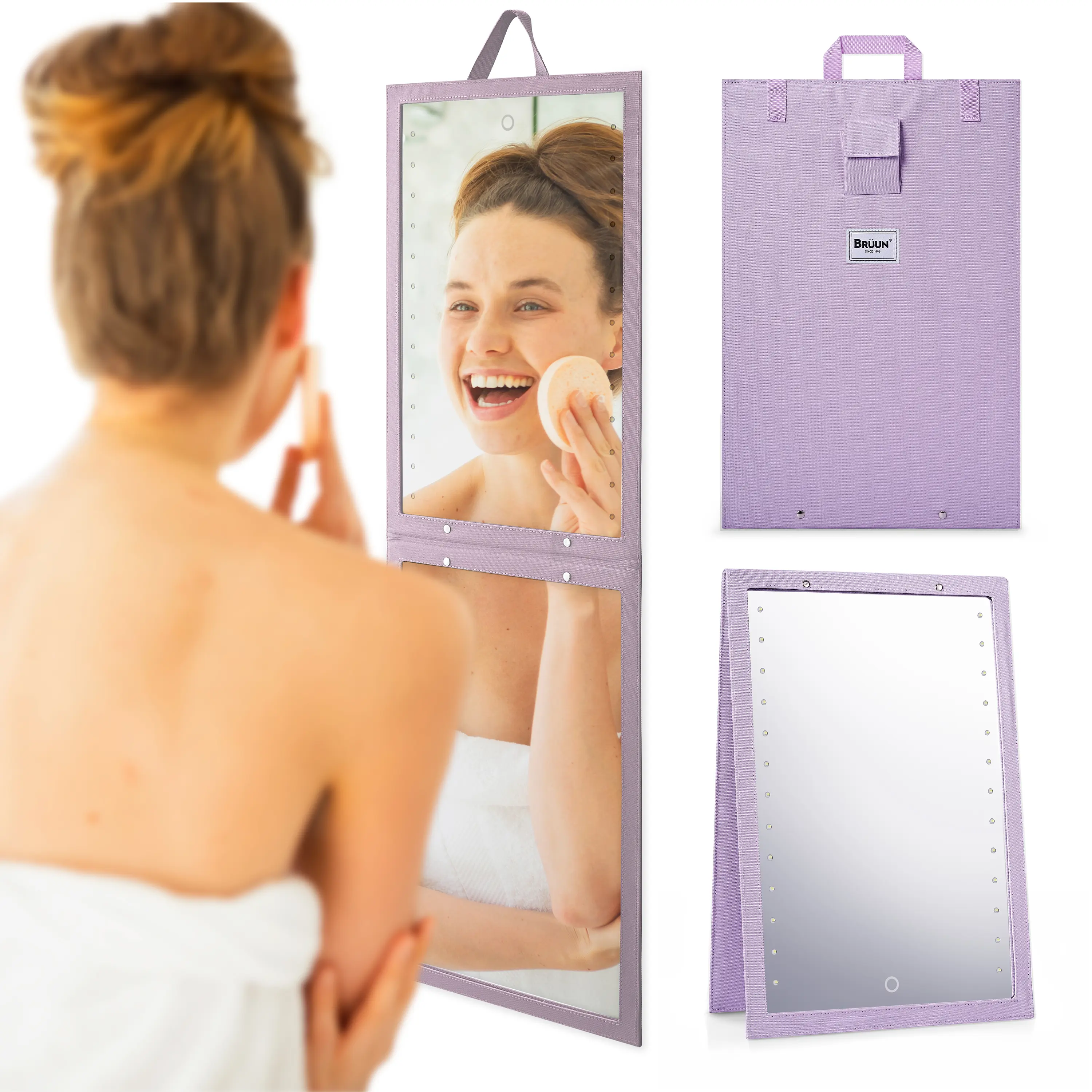 BRUUN Foldable Mirror with Dimmable LED Light for Luminous View – A (13.6 x 43.5 Inches) Purple Hangable Backstage Mirror for Dancers and Artists