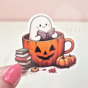 Ghost Reading Book in a Pumpkin Mug Sticker - Waterproof Glitter or Glossy Stickers Size for Kindle Book or Tablet Durable Stylish Design