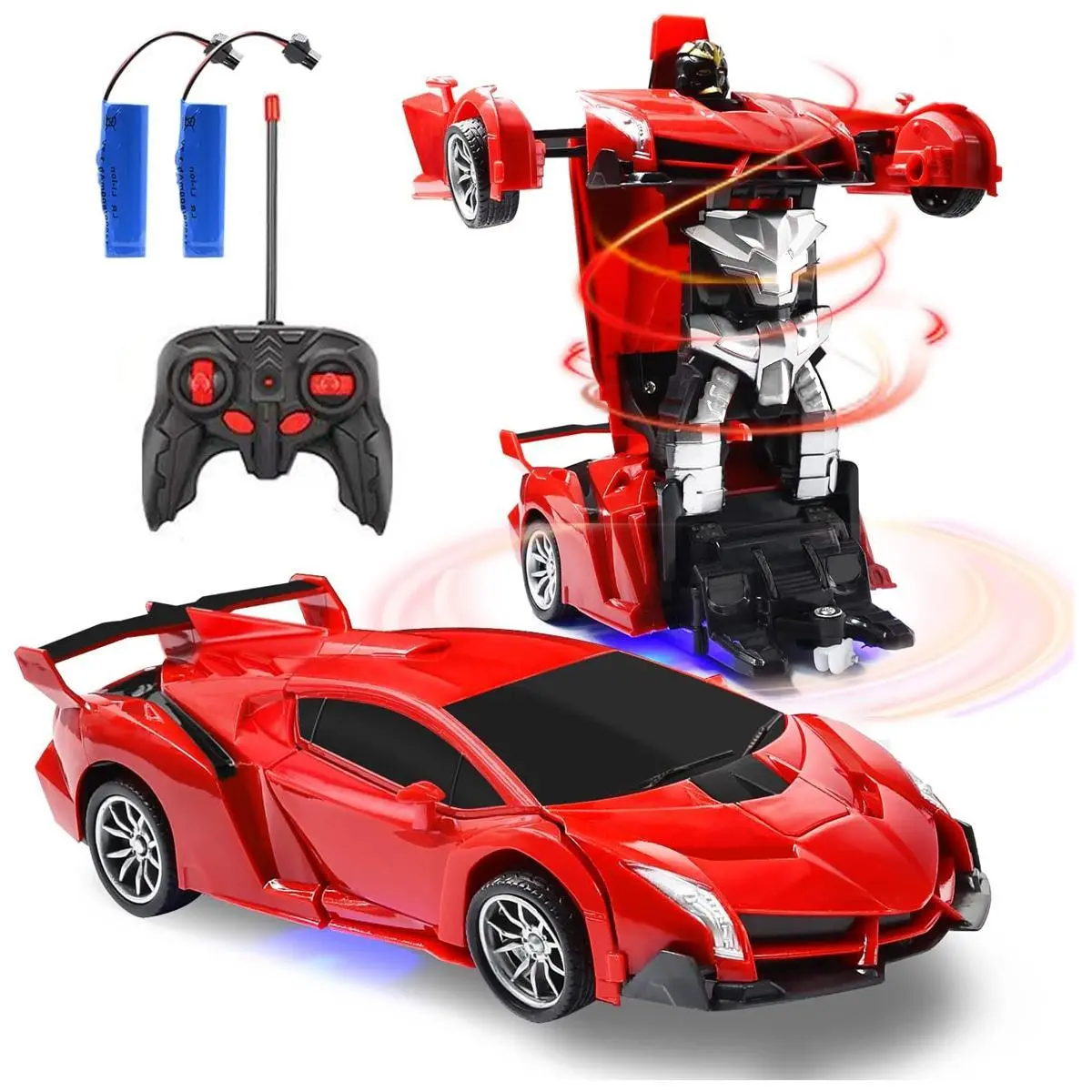 2-in-1 Transforming Robot Car Toy - 1:18 Remote Operated Racing Car for Boys, 1-Button Deformation RC Vehicle with LED Lights, 360° Drifting, Rechargeable Electric Birthday Gift for Ages 3-8+ & 4+, Age 4+