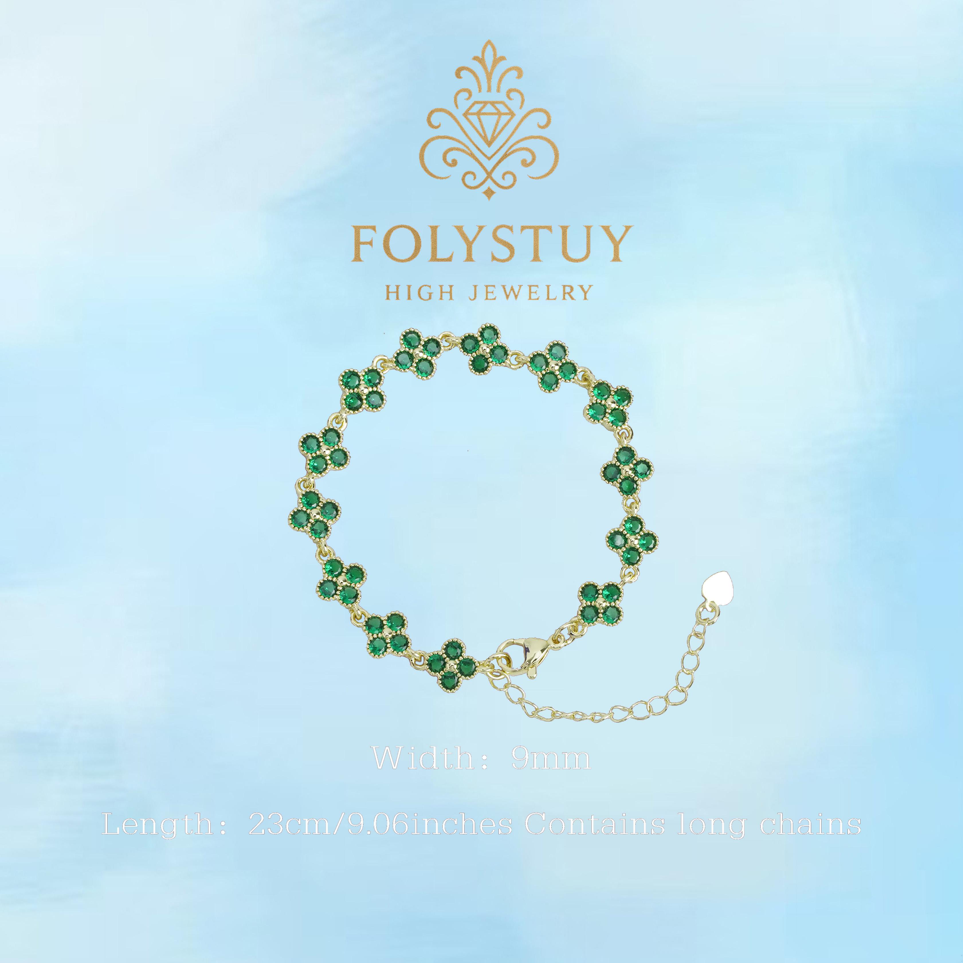 [FOLYSTUY (W182)]Four Leaf Clover Chain Bracelet with Green Stone Accent, 0.35" Width 9.06" Length Adjustable Wrist Jewelry