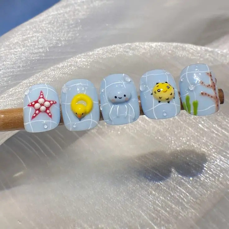 Cute Ocean Press On Nails – Handmade Pastel Blue 3D Starfish, Jellyfish & Yellow Duck Gel Nails, Kawaii Reusable Fake Nails with Gift Set (Adhesive Tabs, Nail File, Cuticle Stick)