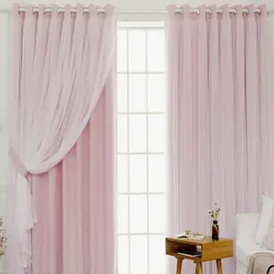 [Grommet Top] Sweet Vibrant Double-Layer Blackout - Light Pink Base + Sheer, Home Decoration Curtain, Quick Grommet Installation, Fits Princess Room/Girl's Bedroom/Living Room/Leisure Area, Semi-Blackout Softens Light