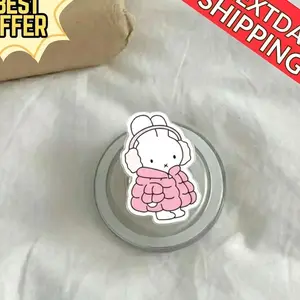 Cute Pink Puffer Bunny Magnetic Phone Grip: Kawaii Winter Rabbit Griptok, Cozy Aesthetic Phone Holder, Gift for Bunny Lovers